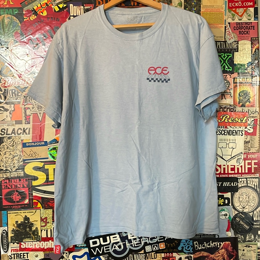 Ace Trucks skate t-shirt in baby blue with red/navy logo on chest/back; XL